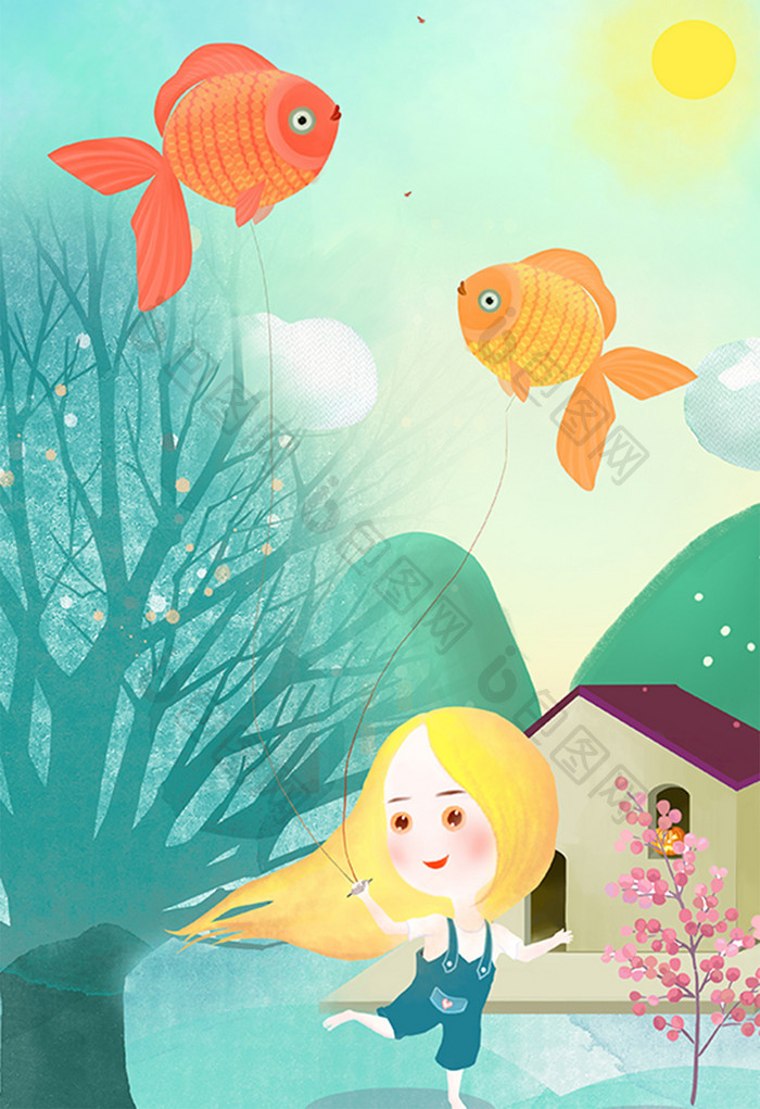 你好四月放风筝的小女孩大鱼金鱼树林水彩画