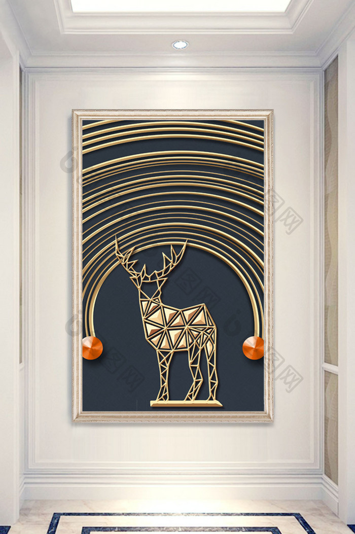 现代创意几何线条立体小鹿浮雕玄关装饰画
