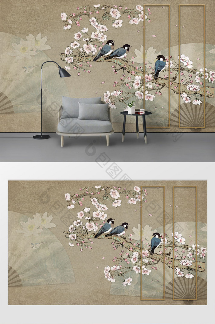 中式古典花鸟护板背景墙