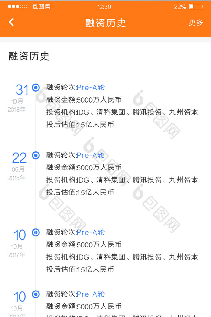 橙色扁平投资APP融资历史UI移动界面