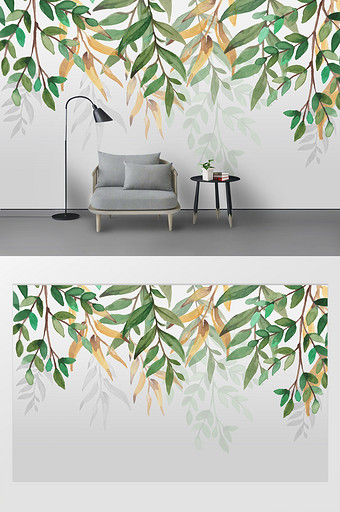 北欧手绘小清新热带植物油画水彩背景墙图片