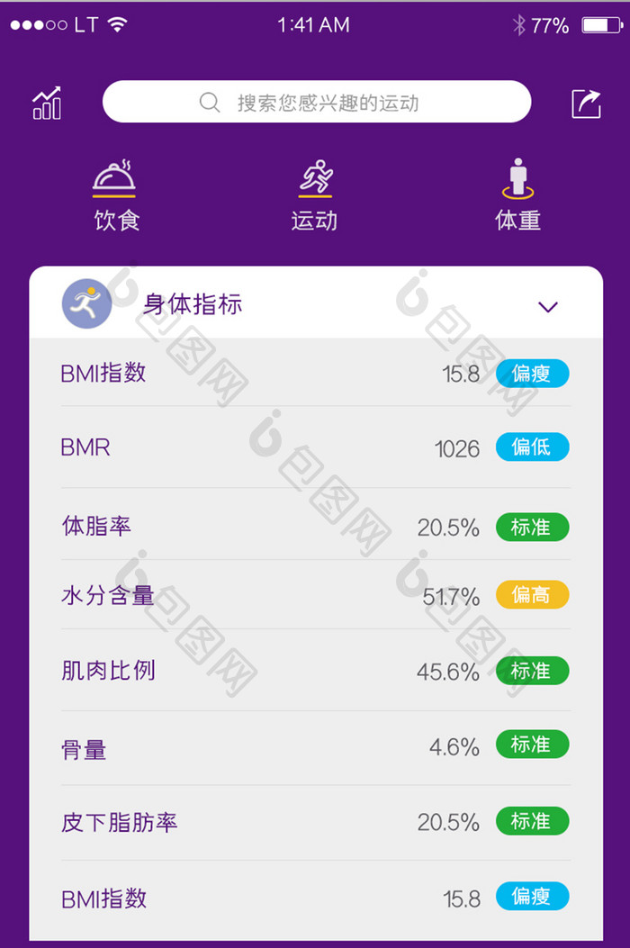 紫色简约运动健身类app身体指标页面