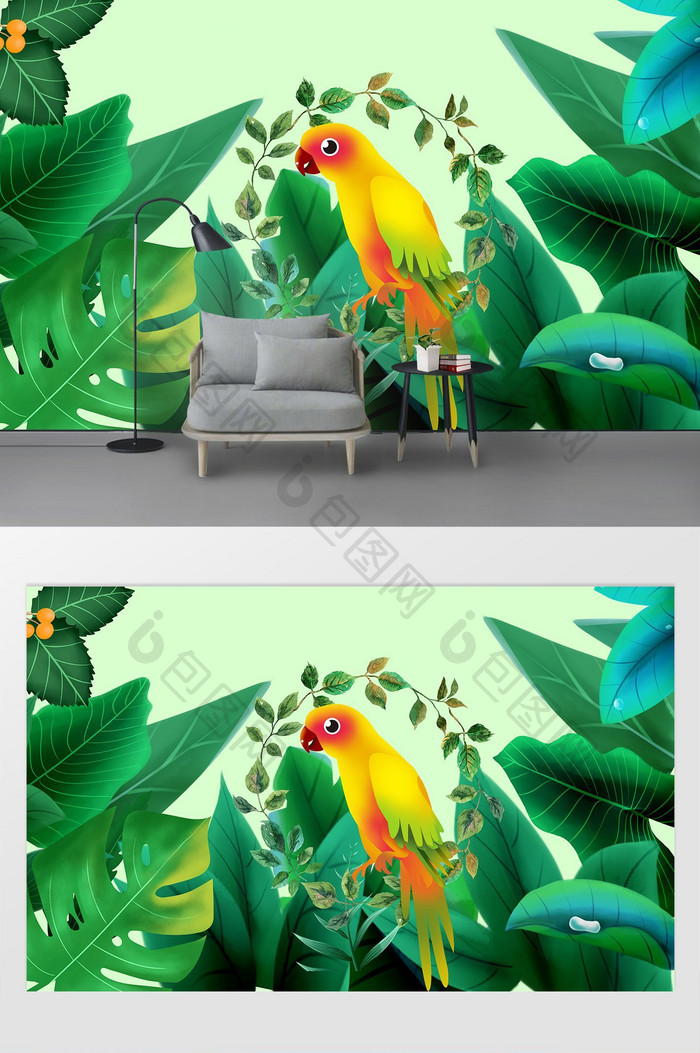 小清新简约热带雨林芭蕉叶鹦鹉电视背景墙