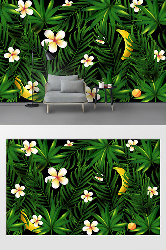 时尚现代绿色清新手绘芭蕉树叶花朵背景墙图片