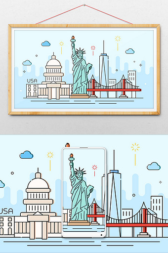 扁平MBE风美国旅游文化创意插画图片