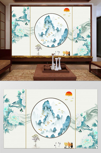新中式意境抽象线条山水画电视背景墙图片