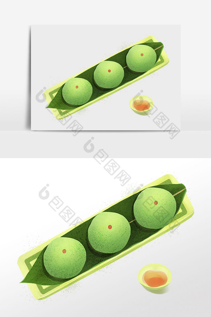 手绘端午节食物一盘青团插画