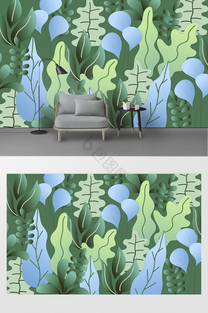 现代简约手绘绿植沙发背景墙图片