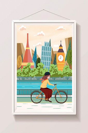 清新扁平旅游城市风光骑车插画图片