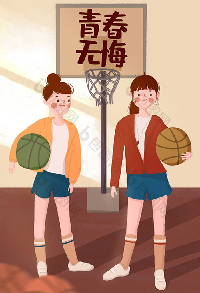 五四青年节篮球场上的女孩手绘插画