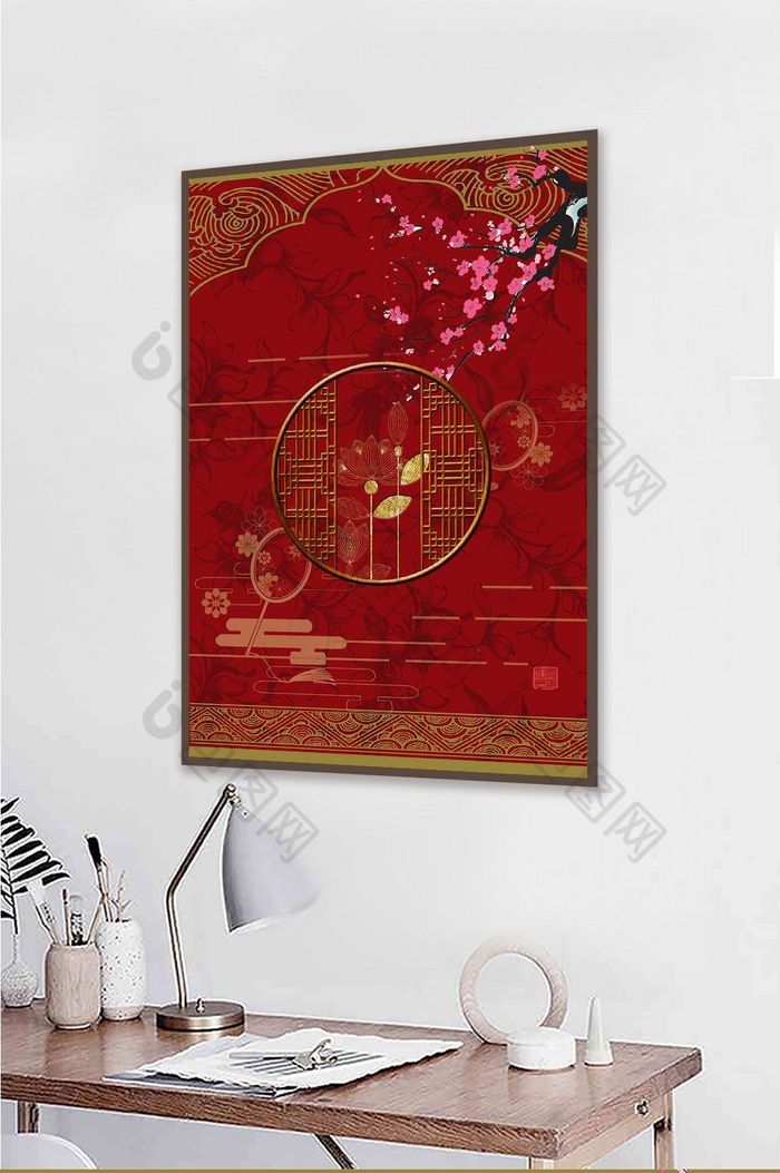 中国风国潮仙鹤荷花金色客厅装饰画