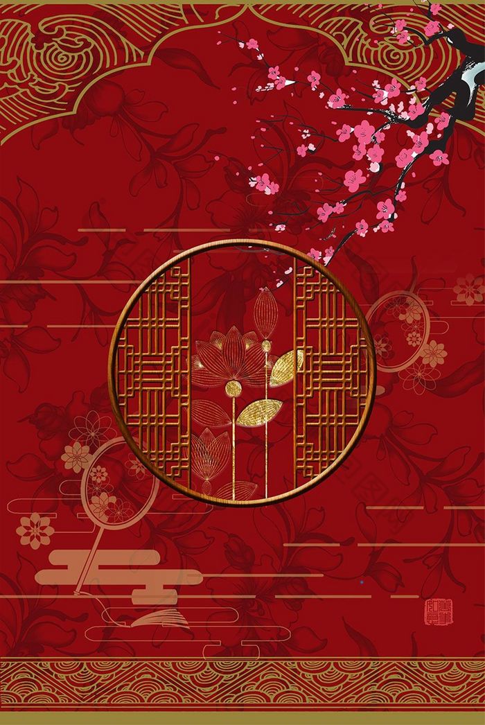 中国风国潮仙鹤荷花金色客厅装饰画