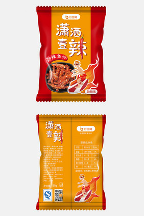 黄红卡通辣鱼零食包装袋