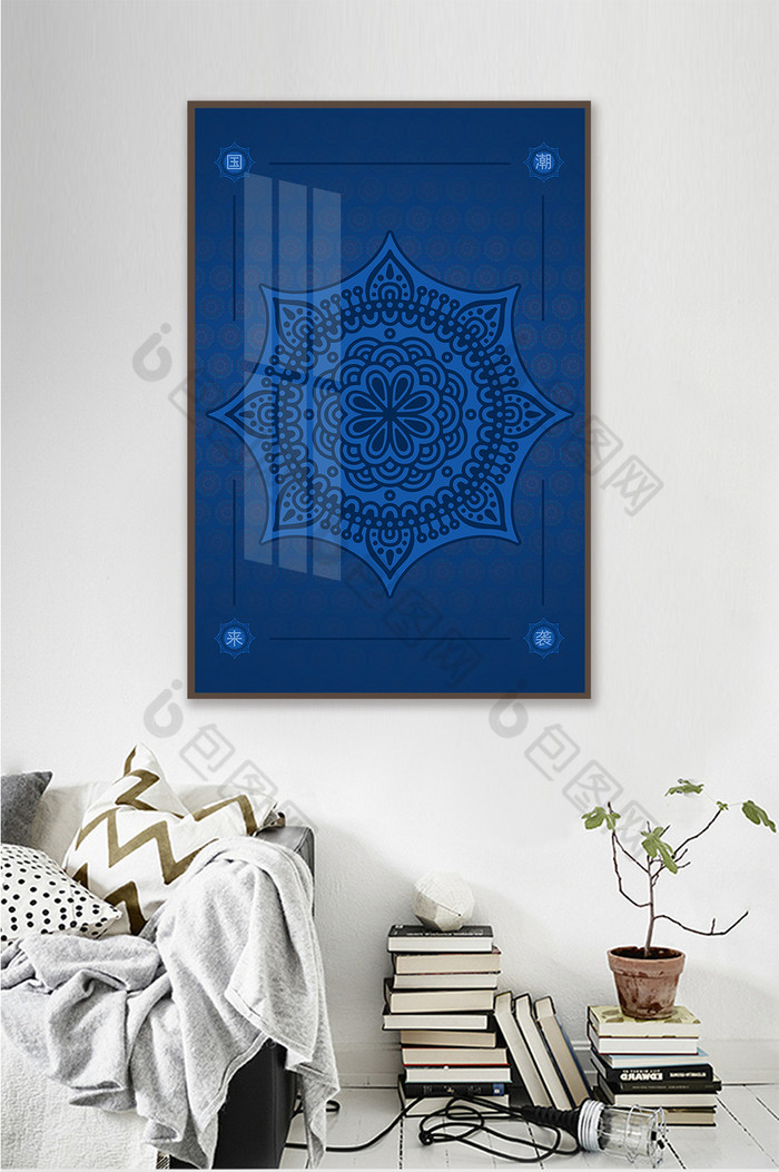 抽象花纹曼陀罗国潮蓝色晶瓷装饰画图片图片