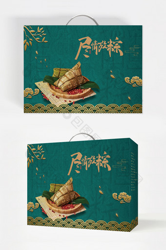 绿色金色龙端午粽子手提礼盒包装图片