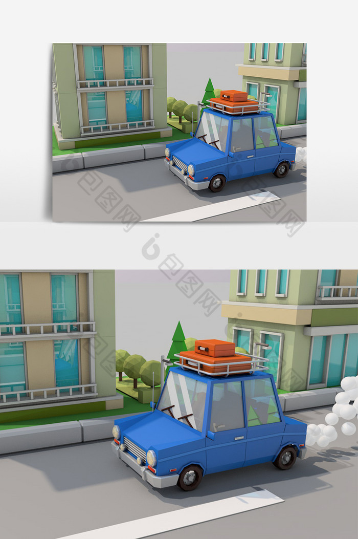 C4D模型可爱卡通汽车旅行小场景图片图片