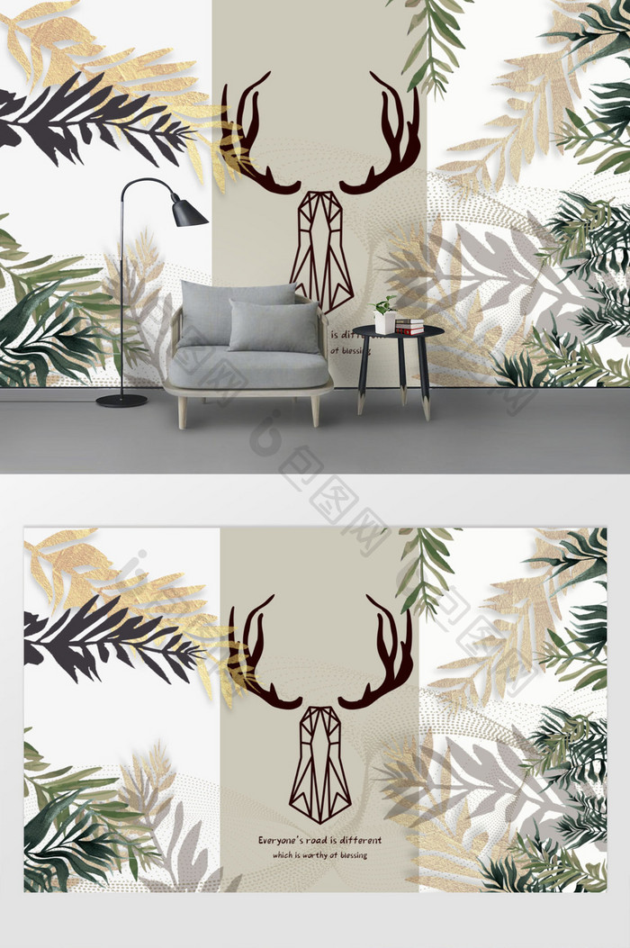 手绘小清新热带植物鹿田园背景壁画