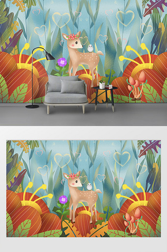 现代唯美手绘花卉浪漫小鹿爱心儿童房背景墙图片