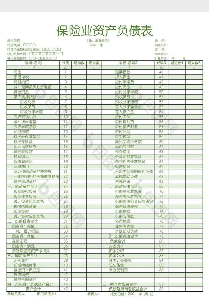 保险业资产负债表Excel模板