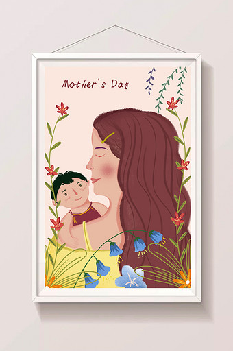温馨粉色调节日母亲节怀抱孩子母爱插画图片