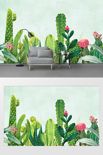 北欧清新简约手绘水彩仙人掌植物背景墙图片