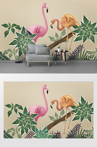 现代创意欧式火烈鸟背景墙图片