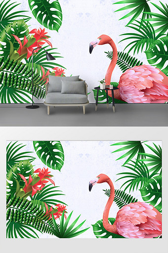 北欧清新手绘绿色热带植物火烈鸟背景墙图片