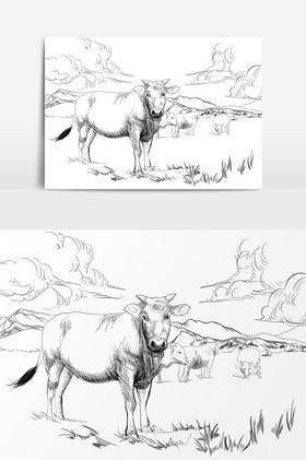 黑白线稿牛牧场