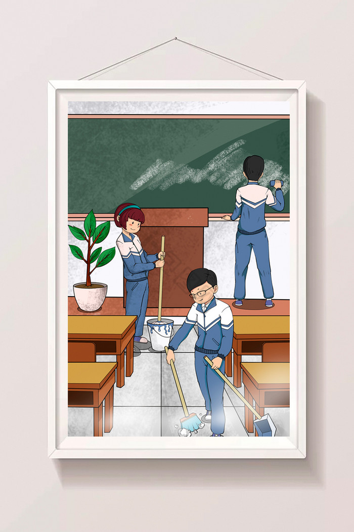 五一劳动节教室打扫卫生插画图片
