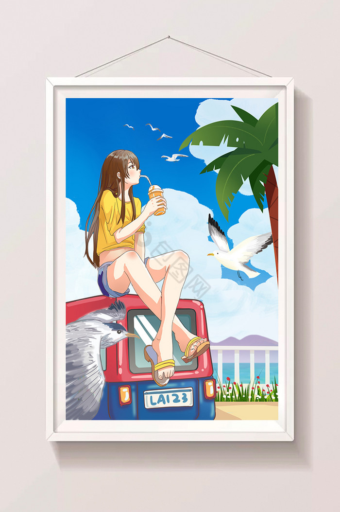 旅行出行夏天度假沙滩海鸥饮料汽车立夏图片