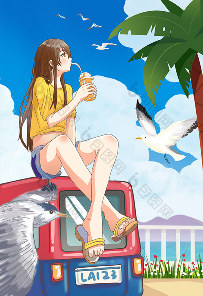 旅行出行夏天度假沙滩海鸥饮料汽车立夏