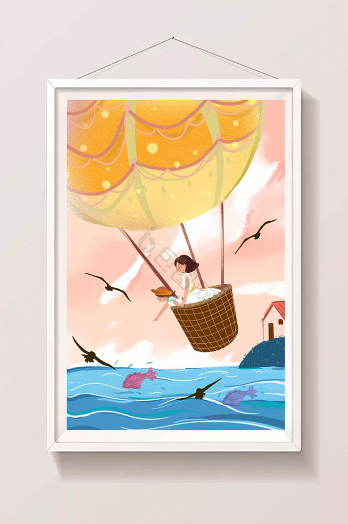 浪漫色调出行旅游大海海鸥坐热气球插画图片