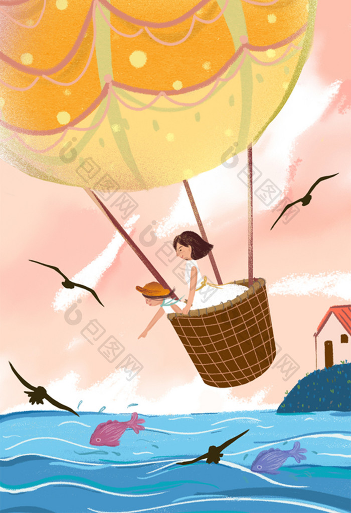 清新浪漫色调出行旅游大海海鸥坐热气球插画