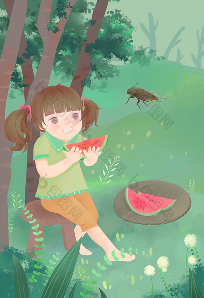 绿色小清新立夏少女吃西瓜插画