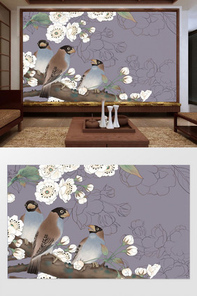 新中式古典手绘花鸟花枝电视背景墙
