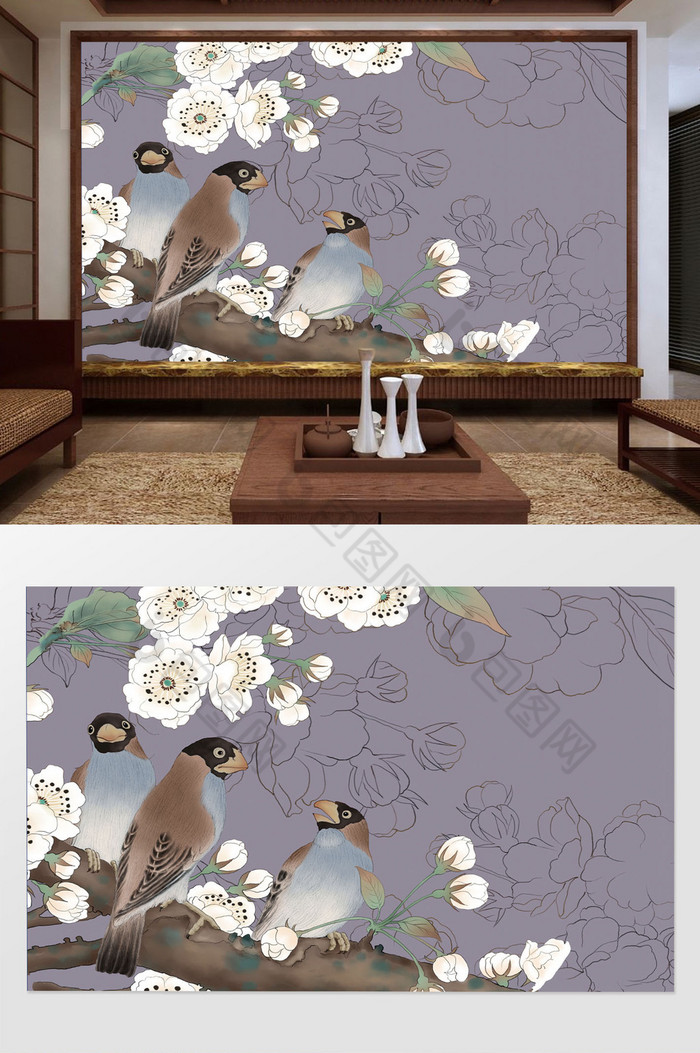 新中式手绘花鸟花枝电视背景墙图片图片
