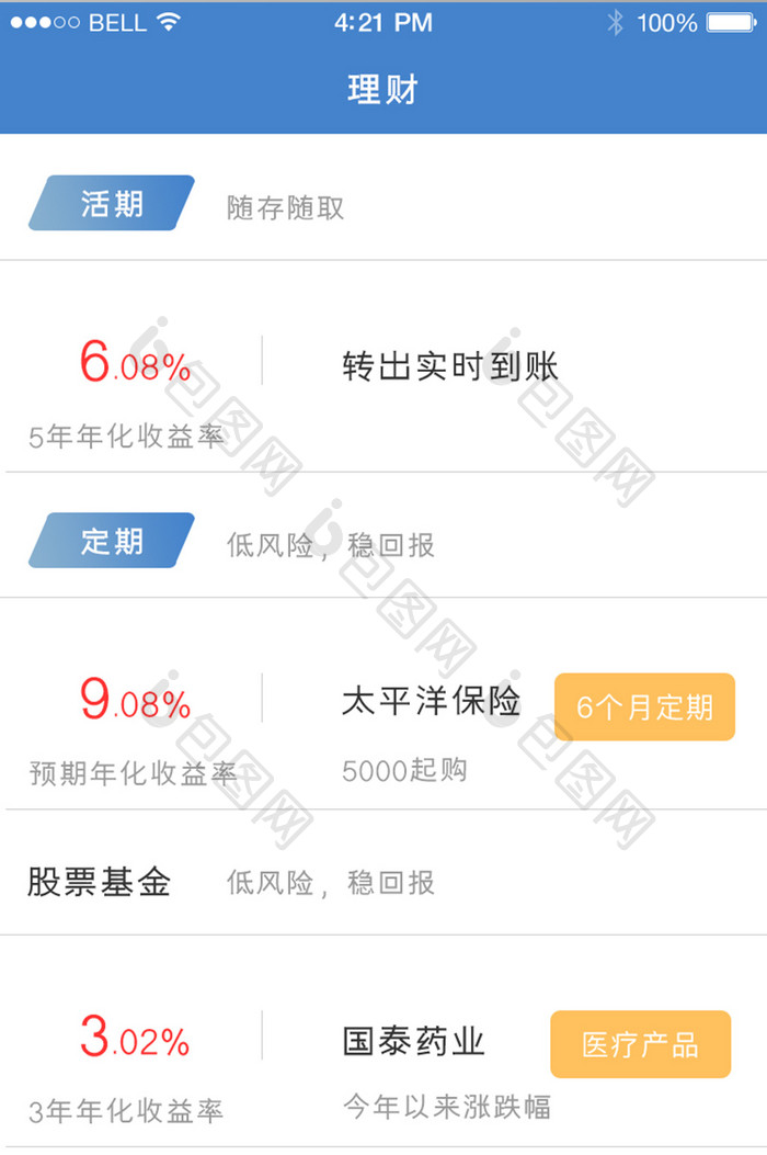 蓝色扁平金融APP理财项目UI移动界面