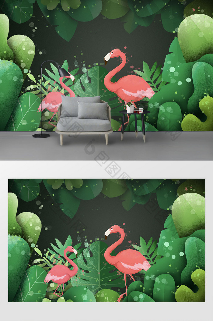 手绘热带植物火烈鸟插画电视电视背景墙