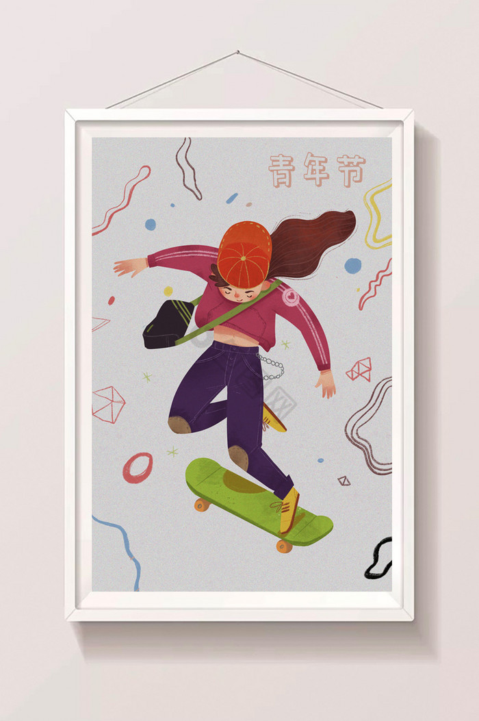 五四青年节女孩滑板插画图片