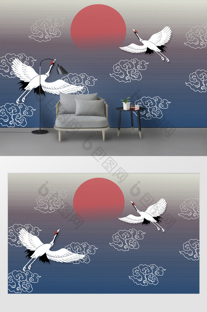 国潮现代手绘飞鹤背景墙图片图片