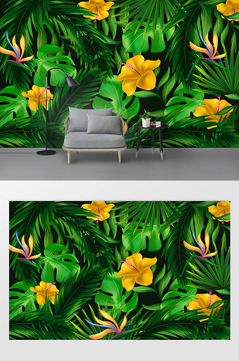 北欧清新手绘绿色热带植物树叶花朵背景墙图片