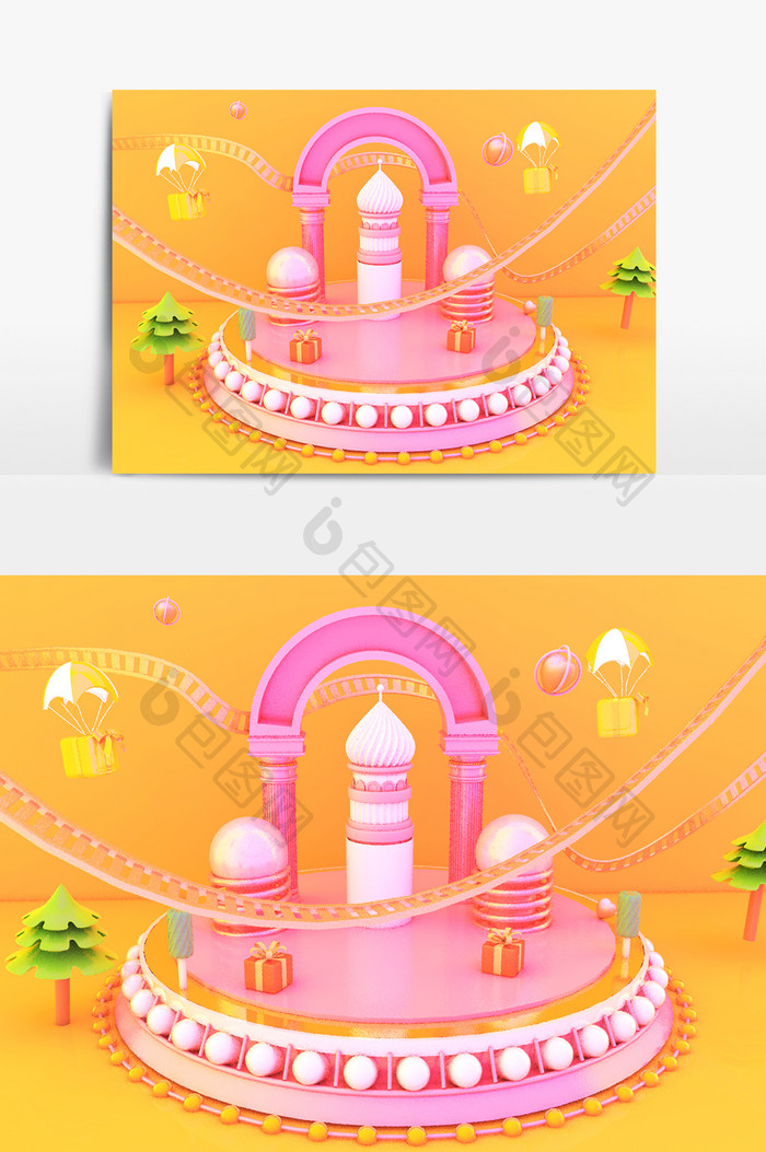 C4D卡通糖果色拱门舞台场景模型