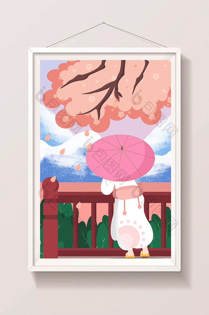 暖粉色樱花祭和服女孩站在樱花树下插画
