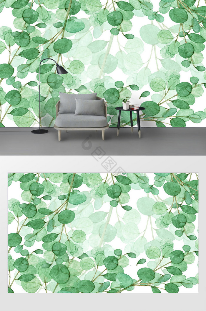 新现代北欧手绘绿色植物叶子背景墙图片