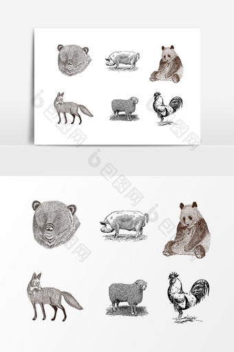 手绘线描动物元素设计图片