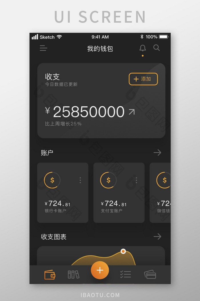 2019时尚黑灰色我的钱包UI移动界面