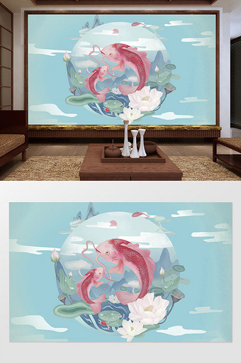 新中式手绘鲤鱼荷花年年有余古典电视背景墙图片