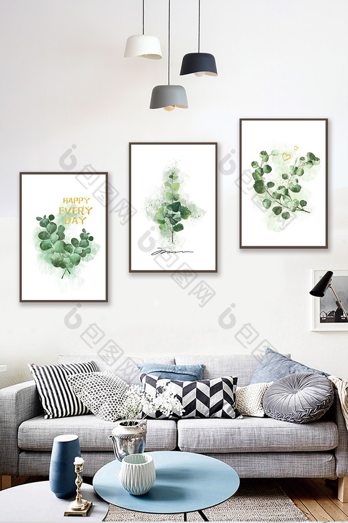 手绘淡彩植物树叶客厅卧室装饰画图片图片
