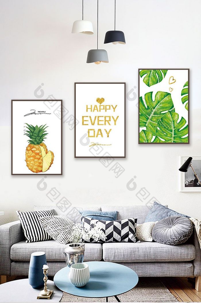 简欧手绘植物菠萝客厅卧室装饰画