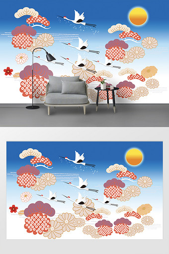 时尚中国风花卉图案蓝天白鹤背景墙图片